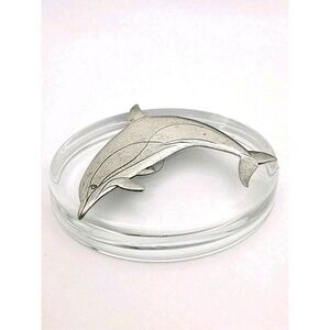 Vintage 90s Heritage‎ Metalworks Pewter Glass Dolphin Paperweight Made in USA